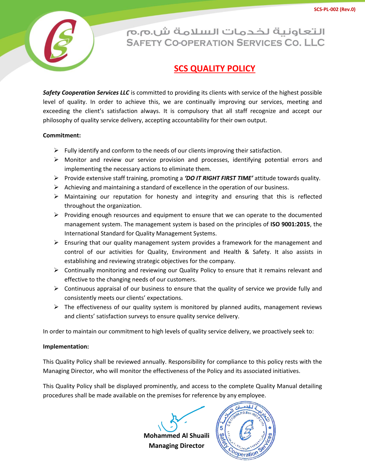 SCS Quality Policy | Safety Co-operation Services